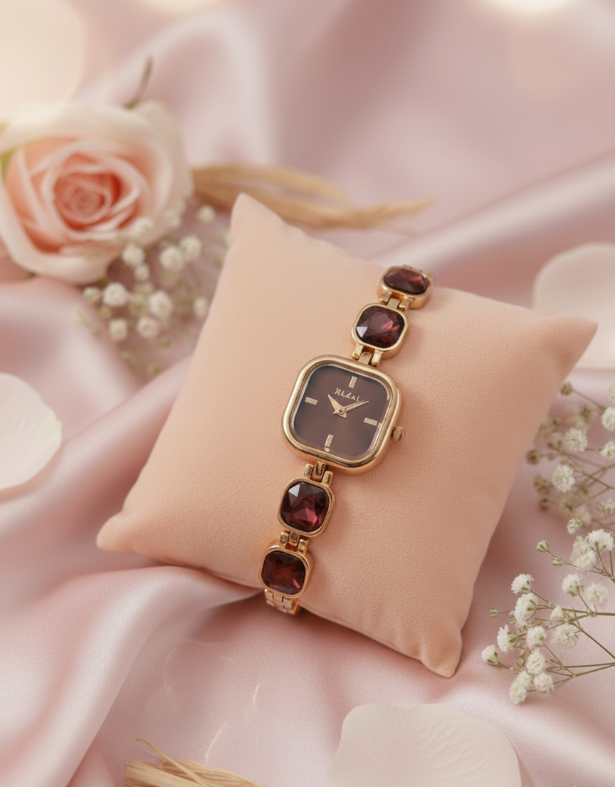 Royal Ruby Wine Diamond Studded  Watch For Women