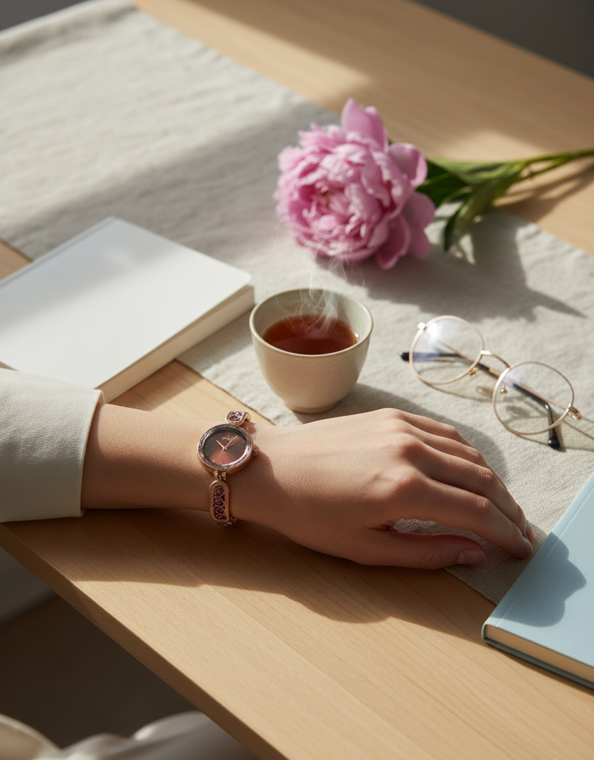 Rose Radiance Wine Stone Studded Watch For Women